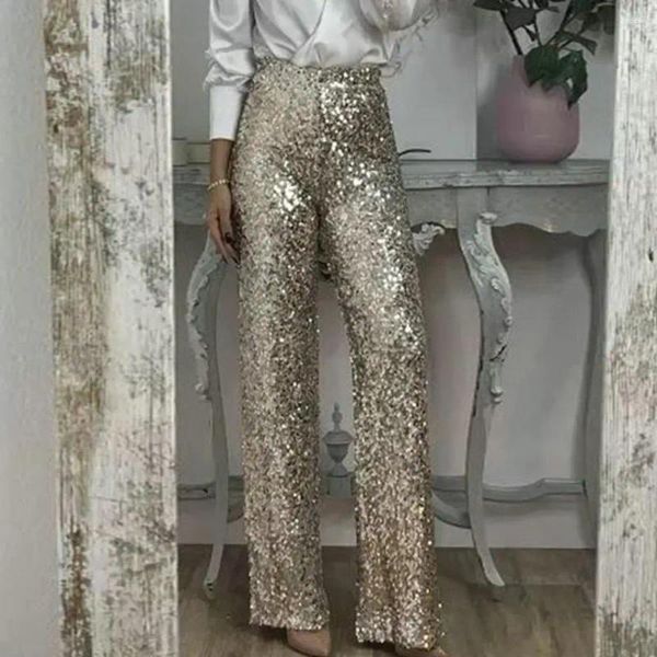 Kadın pantolonları Sequined Alevlenmiş Kadınlar Sıradan Slim Streting Çok Renkli Geniş Bacaklı Gevşek Uzun Moda Köpük Partisi Pantolon