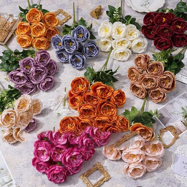 Flores decorativas simuladas 7 Austin Roses Bouquet Decoração de casamento PO Taking Rose Simulation Artificial Flower adereços