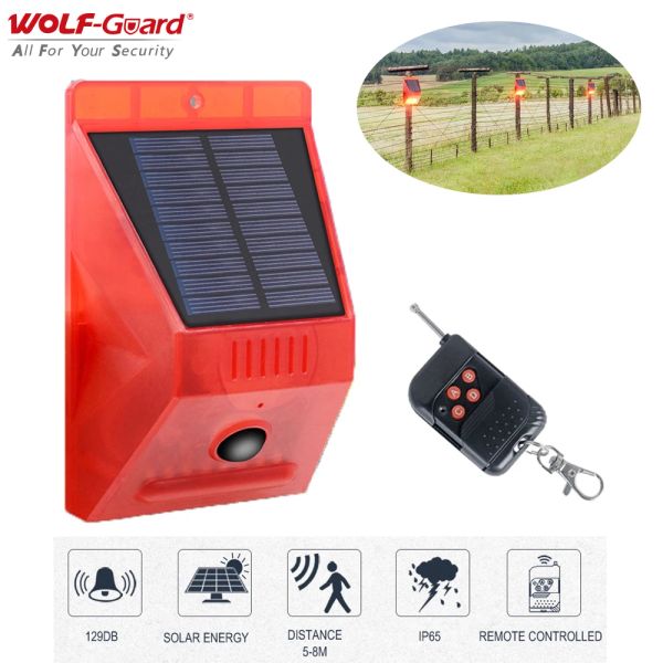 Detector Wolfguard 2 em 1 Solar Alarm Pir Detector 129dB 8 LEDS LEDS OUTRO