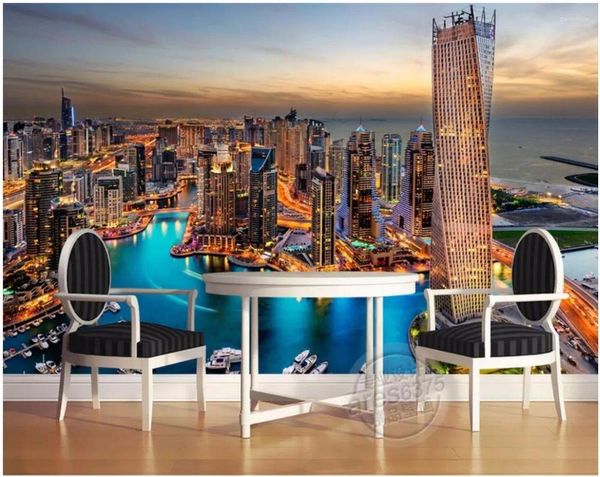 Tapeten WDBH Custom Wandbild 3D Tapete Dubai City Nacht Sonnenuntergang HD Murals TV Hintergrund Wand für Wohnzimmer