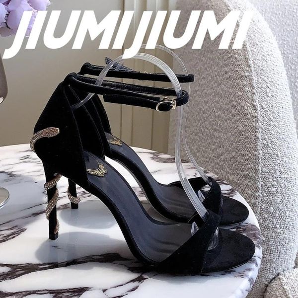 Sandali jiumijiumi Scarpe da donna fatta a mano con tacchi sottili super sottili caviglia-caviglia in pelle scamosciata snezzatore di cristallo decorativo sexy festa sexy