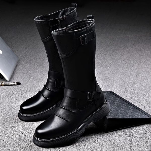 Männer Casual High Top Stiefel Schwarz Brown Frühling Herbststufe Nachtclub Echtes Lederstiefel Handsome Long Motorcycle Botas 1A3