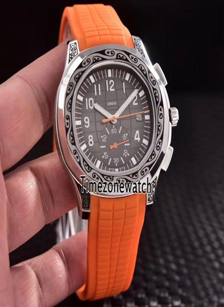 Caso de gravura vintage de aço a aço novo e barato 5968a001 Dial de textura marrom Dial automático Relógio de borracha laranja relógios Time4096633