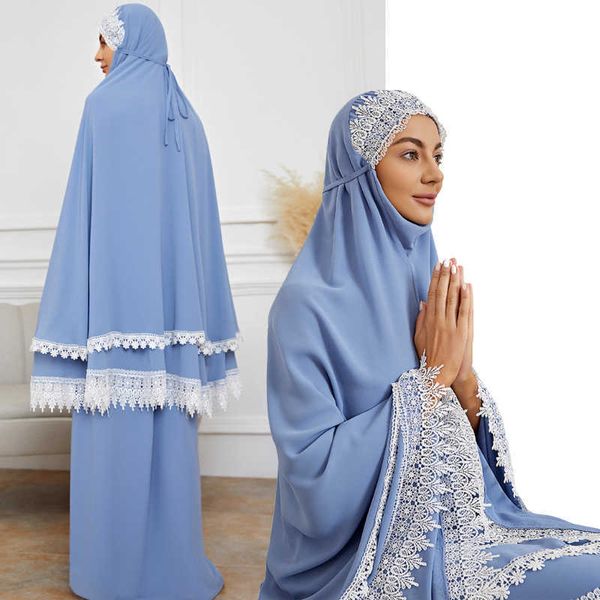 Modelo quente clássico de renda muçulmana abaya longa saia khimar de 2 peças Oração árabe Orate Eid Swing Hijab Dress Robe Islâmico Tamanho grátis