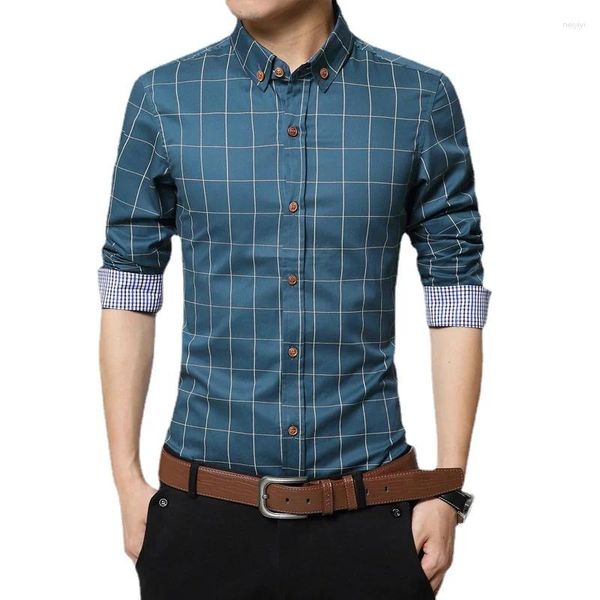 Camisas de vestido masculinas Moda de algodão xadrez de algodão de alta qualidade Camisa de manga longa Slim Fit Business Casual Men