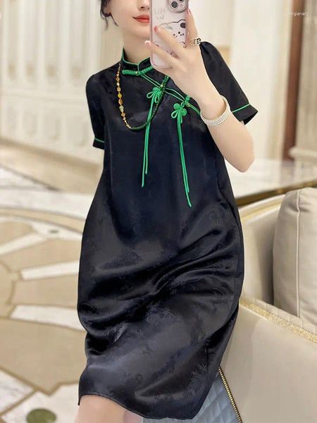 Parti elbiseleri Çin tarzı modifiye cheongsam retro stant yaka tabak düğmesi mini elbise zarif siyah jakard ince akşam