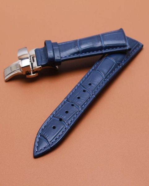 Banda de relógio de couro genuíno da banda do relógio 14mm 16mm 18mm 20mm 22mm Bandas de relógio azul escuro Strap Silver Clop Relógio Acessórios7020357