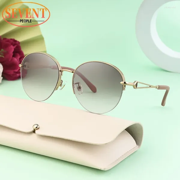 Óculos de sol Mulheres redondas semi-pecados 2024 Design metal de meia moldura óculos de sol para fêmeas em tons ovais óculos