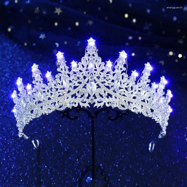 Hair Clips Luxury Crystal Tiaras for Women Wedding Bridal Crowns Led Light Princess Bride Acessories Girls Pageant Crown 2024