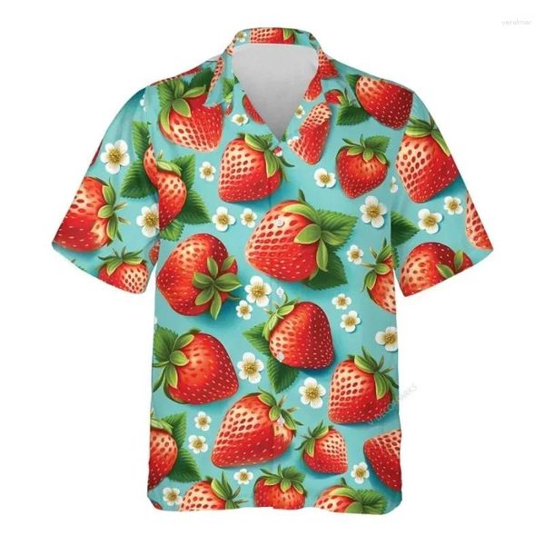 Camisas casuais masculinas estampas 3D Morango de morango havaiano Frutas tropicais Botão de manga curta da praia de verão da praia de verão Aloha