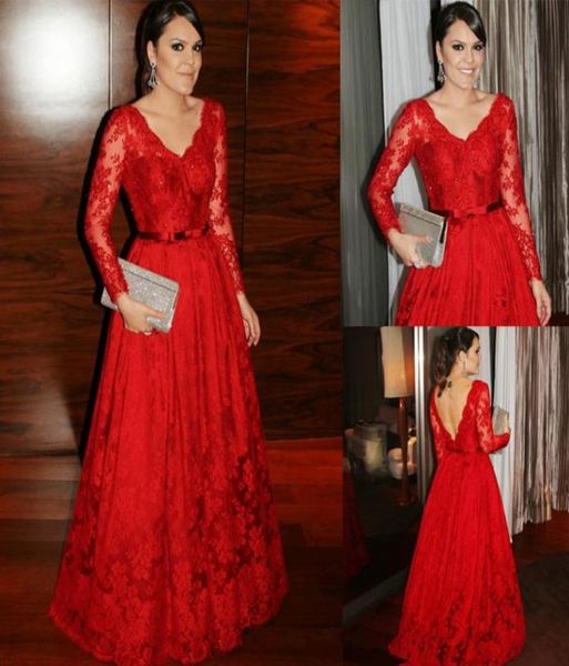 Elegante Vneck Spitzenapplikation Red Prom Dress Gürtel Langarm Perlen Pailletten bodenlange Spitze Abendkleid Promi -Kleider8784090