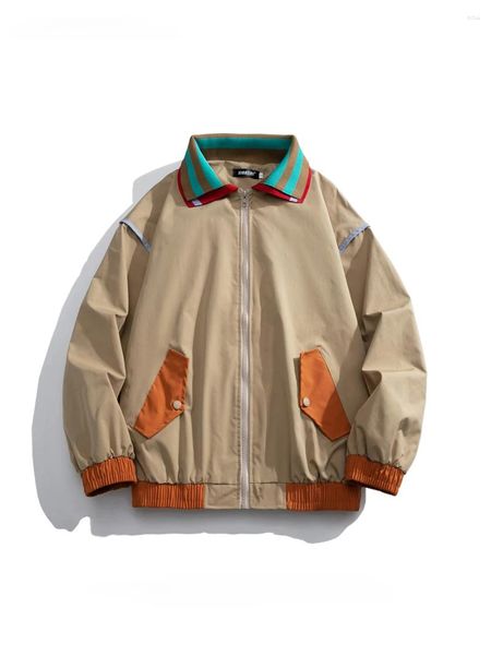 Jackets masculinos contrastam com lapela bloqueada por colorido com zíper de mangas compridas da moda da moda japonesa Retro Retro casual casacos versáteis