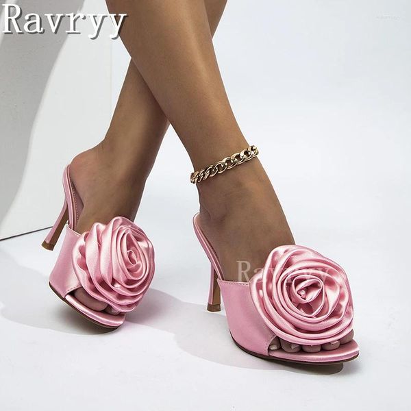 Pantofole 2024 Summer Satin Rose Flower sottile tacco alto tacco Scarpe da donna europea fuori Flip Flop