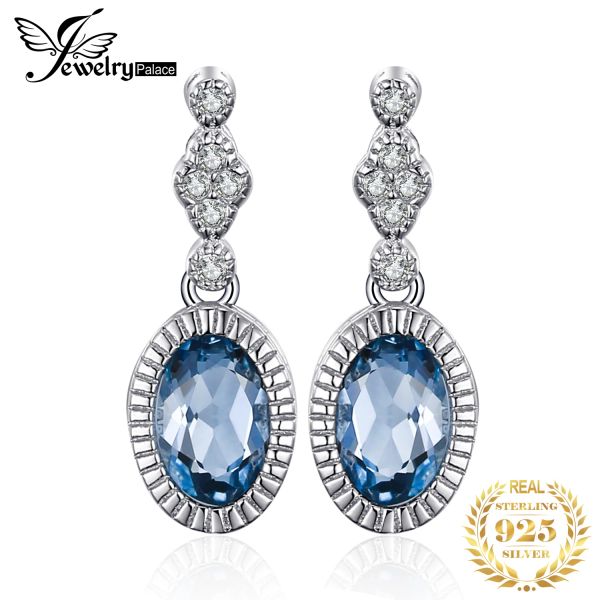 Küpe Jewelrypalace 1Ct Oval Doğal Londra Blue Topaz 925 STERLING Gümüş Damla Küpeler Kadın Taşları Güzel Takı Düğün Hediyeleri