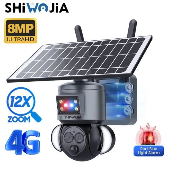 Câmera de câmera solar de câmeras shiwojia 4g cartão sim 4k 8mp lente dupla 12x zoom óptico de zoom externo wi -fi painel solar rastreamento humanóide