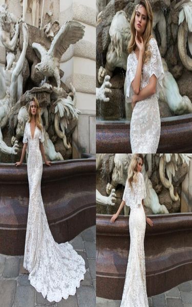 2018 Crystal Design Mermaid Vestres de noiva Deep V Varraforão de Trex Lace Tulle Apliques Bell Sleeve Country Vestido Vestido 8096000
