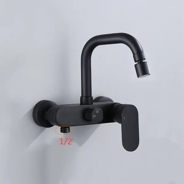 Waschbecken Wasserhähne 1PC Messing Black Lack Becken Wasserhahn in der Wand und kaltes Wasser-Mop-Pool-Einzelauslass/Dual-Outlet wählen