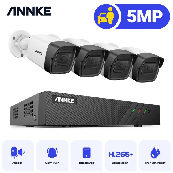 Sistema Annke 5mp 8 canal Poe Security System com 4 câmeras de bala, Exir Night Vision H.265+ Suporte Kit de câmera CCTV à prova de intempéries IP67