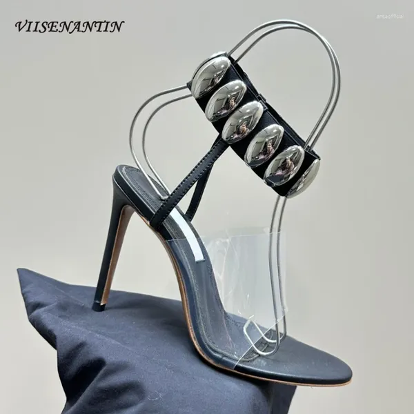 Платье обувь мода модные носки тонкие сандалии высокого каблука для женских насосов Прозрачный ПВХ металлический декор лодыжка