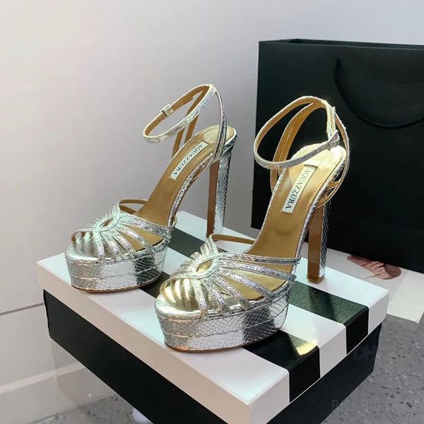 24SS Top Guald Aquazzura High Hate Shoes Aclymble Платформа каблуки сандалий насосы 13 мм золотые серебряные кусочки для ботинки дизайнерские обувь для вечеринки свадебные туфли с коробкой