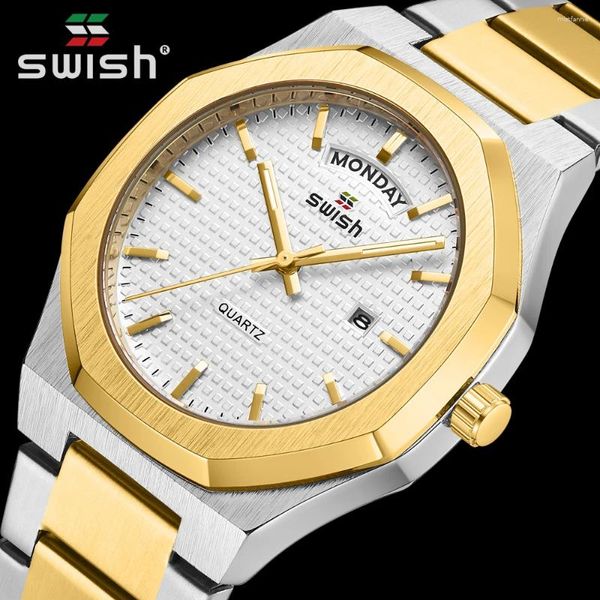 Relógios de pulso Swish Top Designer de marca Luxury Men Fashion Aço inoxidável Relógios de quartzo com dia e dato esportes à prova d'água