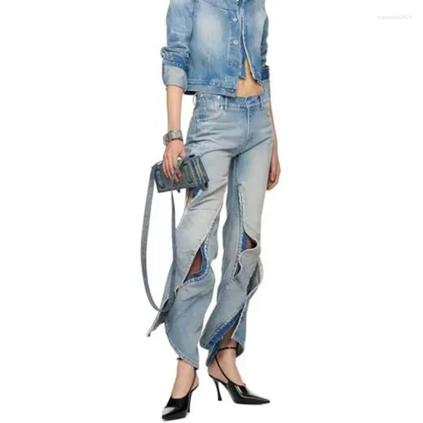 Frauen Jeans 2024 Springhakenknopf geteilt blaues Schatten ausgestoßener Hosen Mode sexy hohe Taillenhose Qualität Y2K