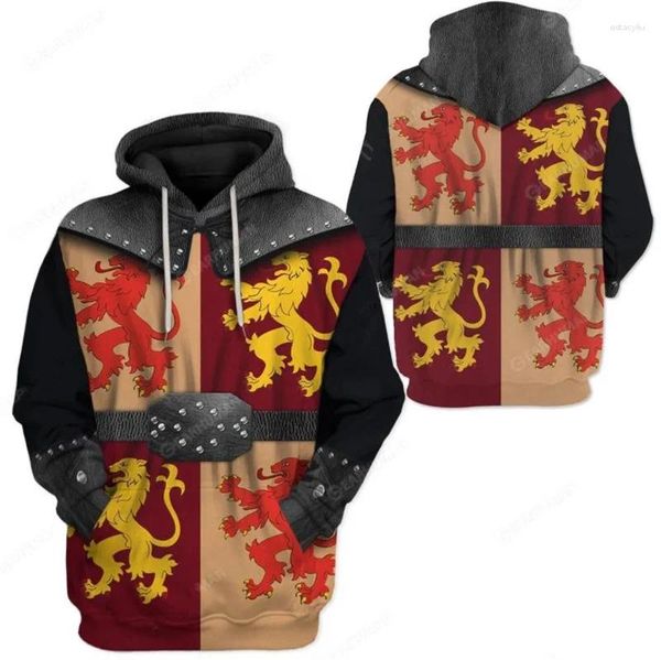 Con cappuccio da uomo con cappuccio medievale Knight grafico con cappuccio grafico uomo divertente costume costume streetwear 3d uniforme pinover con cappuccio