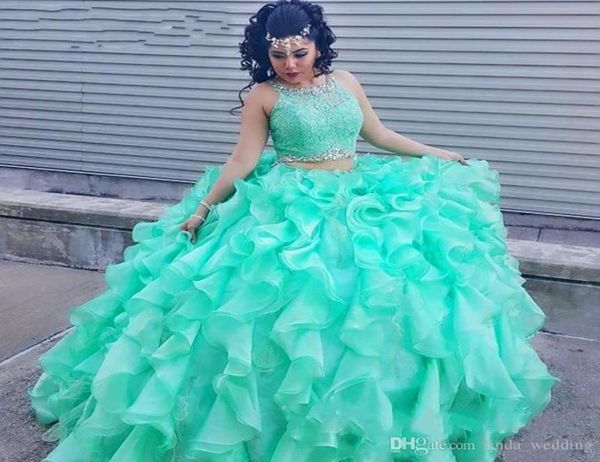 2019 menta verde duas peças vestido quinceanera princesa em cascata fofo doce 16 idades garotas longas baile de concurso de festas