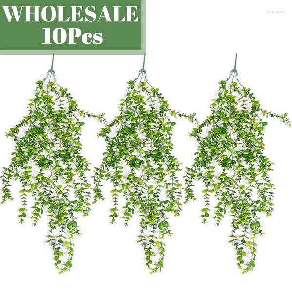 Flores decorativas por atacado 10pcs eucalipto deixa videiras plantas artificiais rasten verde parede de planta falsa pendurado na festa de casamento jardim home jardim