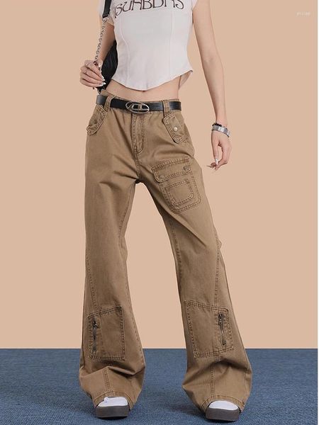 Jeans feminino Design chique vintage Múltiplos bolsos de carga feminino American Streetwear