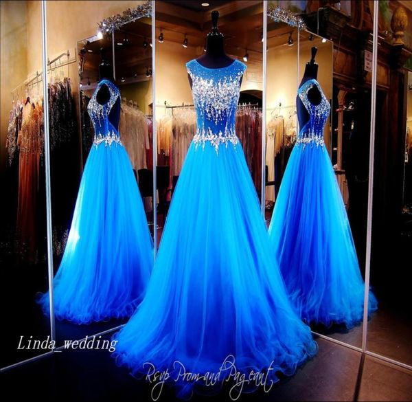 Royal Blue Open Back Rückenabschlusskleid funkelnd Bling Kristall Perlenboden lange formale Partykleid 6145819