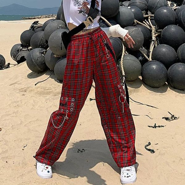 Pantaloni da donna punk cargo donna harajuku pantalone plaid rosso egirl hip hop pantaloni a scacchi streetwear goth goth grunge vestiti in alto