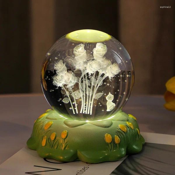 Figurine decorative sfera di cristallo di fiori luminosi con incisione laser di base Distanza di luci notturne a Laser Ornamenti per la decorazione della casa compleanno