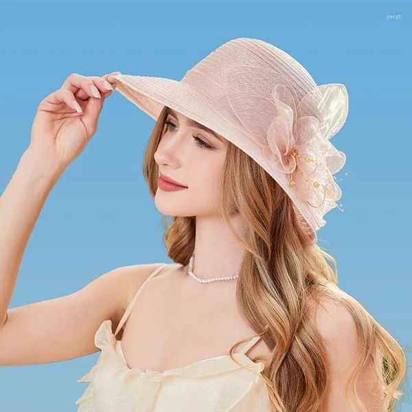 Cappelli larghi Sun per donne Cappelle da sposa estate Eleganti Floral UV Protection 2024 Cappello da vacanza alla moda Beach