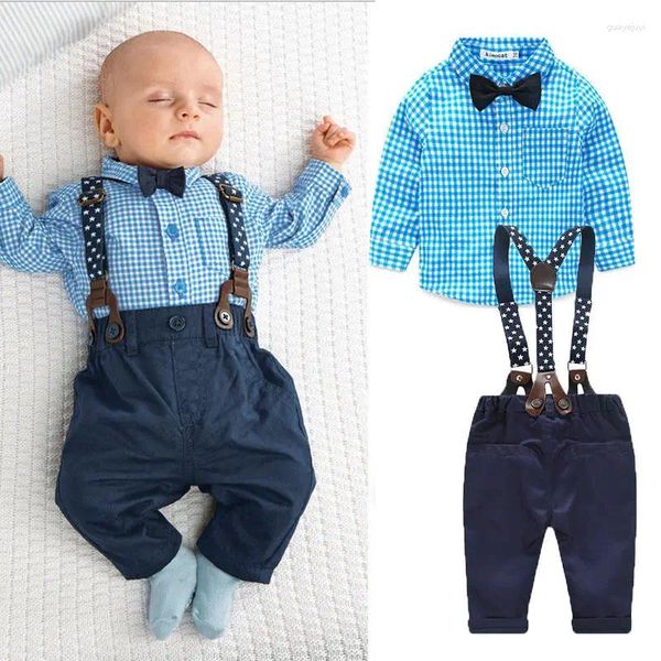 Roupas conjuntos de roupas bebês crianças garotas menino 2 PCs Bowtie Tops Tops de manga longa Suspender de calça de bebê roupas de festa de casamento