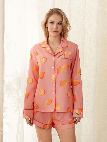 Damen -Tracksanzuiten Frauen Pyjama Set Revers Neckknopf Down Langarm Tops Elastic Taille Shorts Zitronendruck 2 -teilige Niederleger Lounge