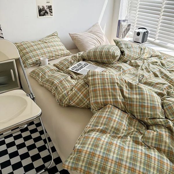 Japon kafes yorgan kapağı seti sac yastık kılıfları ile doldurma sıcak düz renkli yatak keten tam kraliçe ev yatak seti 240401