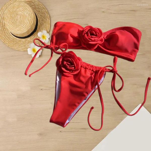 Frauen Badebekleidung Kordelgurt Bikini Set Blumendekor Bandeau Bra Schnürung Schwimmen für Frauen Feste Farbe Schnell trockener Badeanzug Strandkleidung