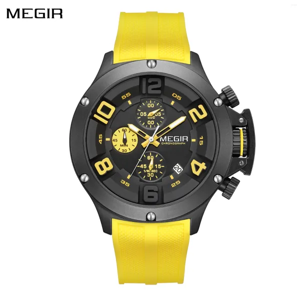 Armbanduhren Megir Schwarze Silikon Sport Watch Männer Militär Quarz Armband Watches wasserdichte Leuchtkalender Chronograph Uhr Reloj Hombre