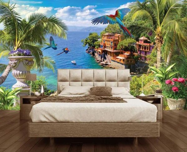 Sfondi CJSIR Cambiature personalizzate Murales blu Coast Coconut Tree Floral Birds Flying BACKIterranean sfondo Mediterraneo 3D Papel Mural