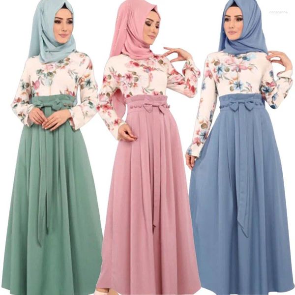 Abbigliamento etnico Stampa floreale vintage Maxi Dress Donne musulmani Abaya Dubai Turchia Kaftan islamica Eid Mubarak Ramadan abito caftanro