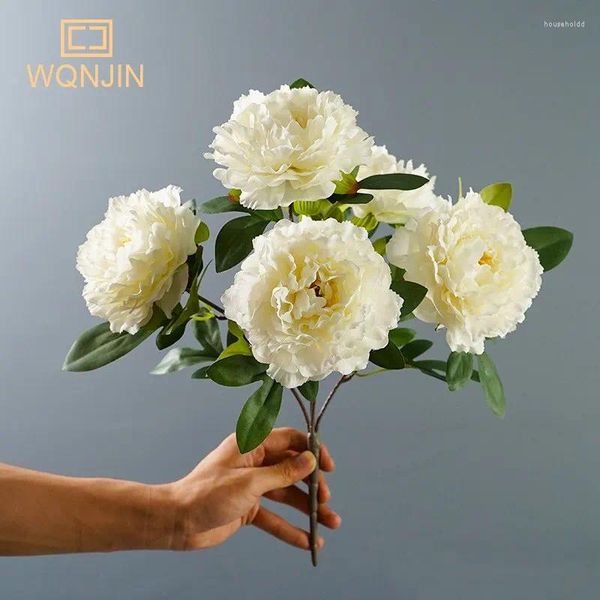 Flores decorativas 5 cabeças de seda peônias artificiais decoração de casamento branco bouquet belas cenas de outono arranjo peony flor falsa flor