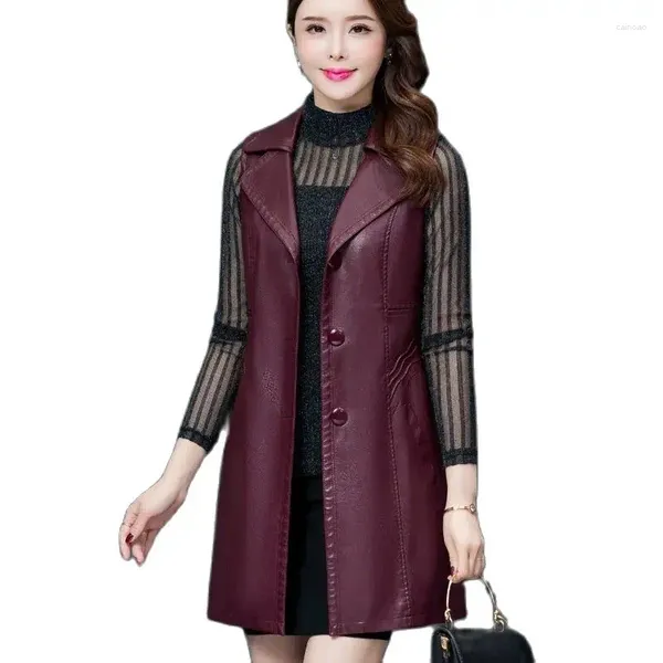 Kadın yelekleri artı 6xl yelek sahte deri bahar sonbahar uzun kolsuz ceket kadın Kore Katı yelek ceketi 122