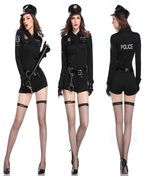 Sexy Kostüme 4pcs schwarze sexy polizeiliche Polizisten Kostüme Erwachsener Frauen Offizier Uniformanzug Frauen Halloween Cosplay Polizeiarbonstromkleid 1398068