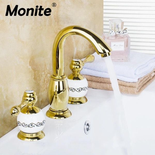 Rubinetti del lavandino da bagno monite set di rubinetti a placcata dorata montata 3 pezzi vano da bagno bacino doccia europeo mixer tocco in ceramica