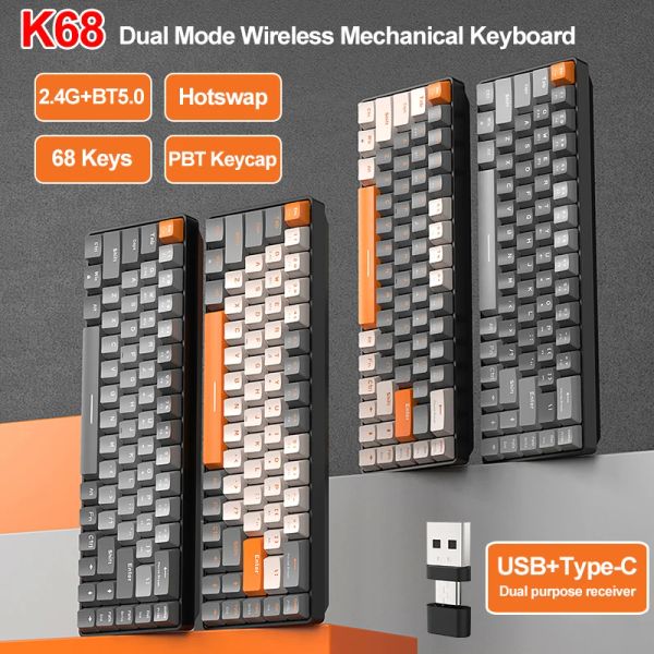 Gadgets K68 BluetoothCompatible 5.0 Kablosuz Mekanik Klavye 68 KEYS HOTSWAP 2.4G/BT5.0 Dualmode Mini Mekanik Oyun Klavyeleri