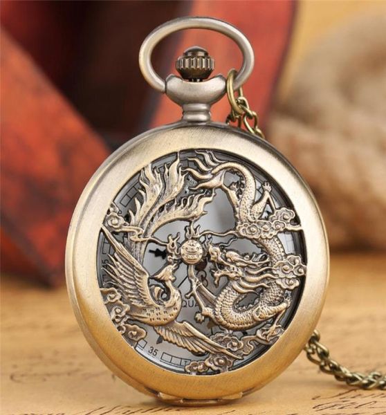 Retro Hollow Dragon Phoenix Design Men Women Quartz Pocket Watch Chain Chain Fashion Relógio Cool Crianças Presente Reloj8261551