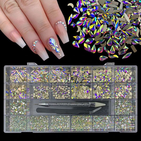 1 Box Luxus glänzende Diamantnägelkunst Strauchsteine Kit Glaskristall Dekorationen SET 1PCS PIP in Gitter Box 21 Formen 240401