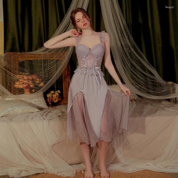 Abbigliamento da donna in pizzo francese in pizzo lingerie notturno abito da sera aperto profondo v lungo la raccolta di abiti da dormire a casa sie