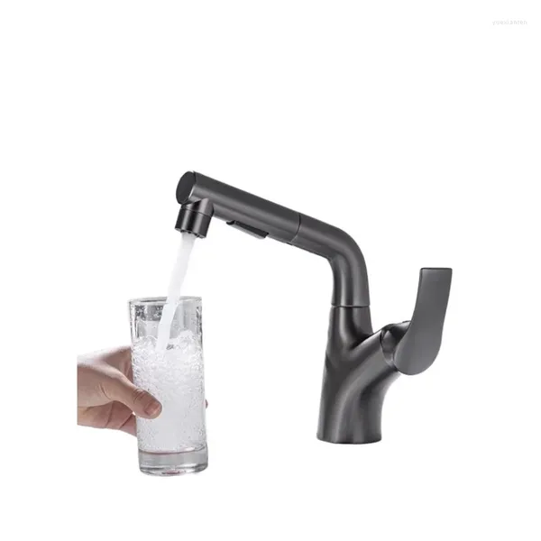 Waschbecken Wasserhähne Kupferpistole graues Ziehen Becken Multifunktional und kaltes Wasserhahn mit zwei Gear mit Abflusskorb Mundwasser